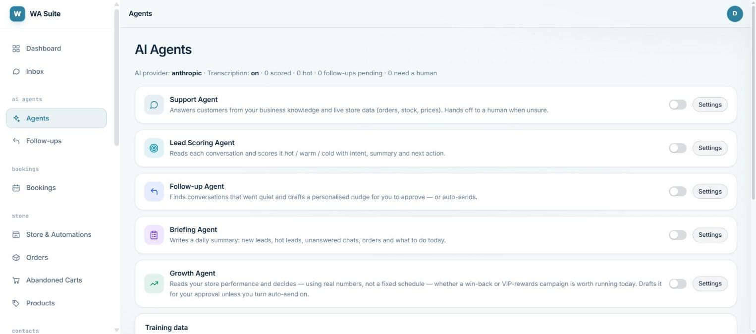 Agents page listing Support, Lead Scoring, Follow-up, Briefing and Growth agents