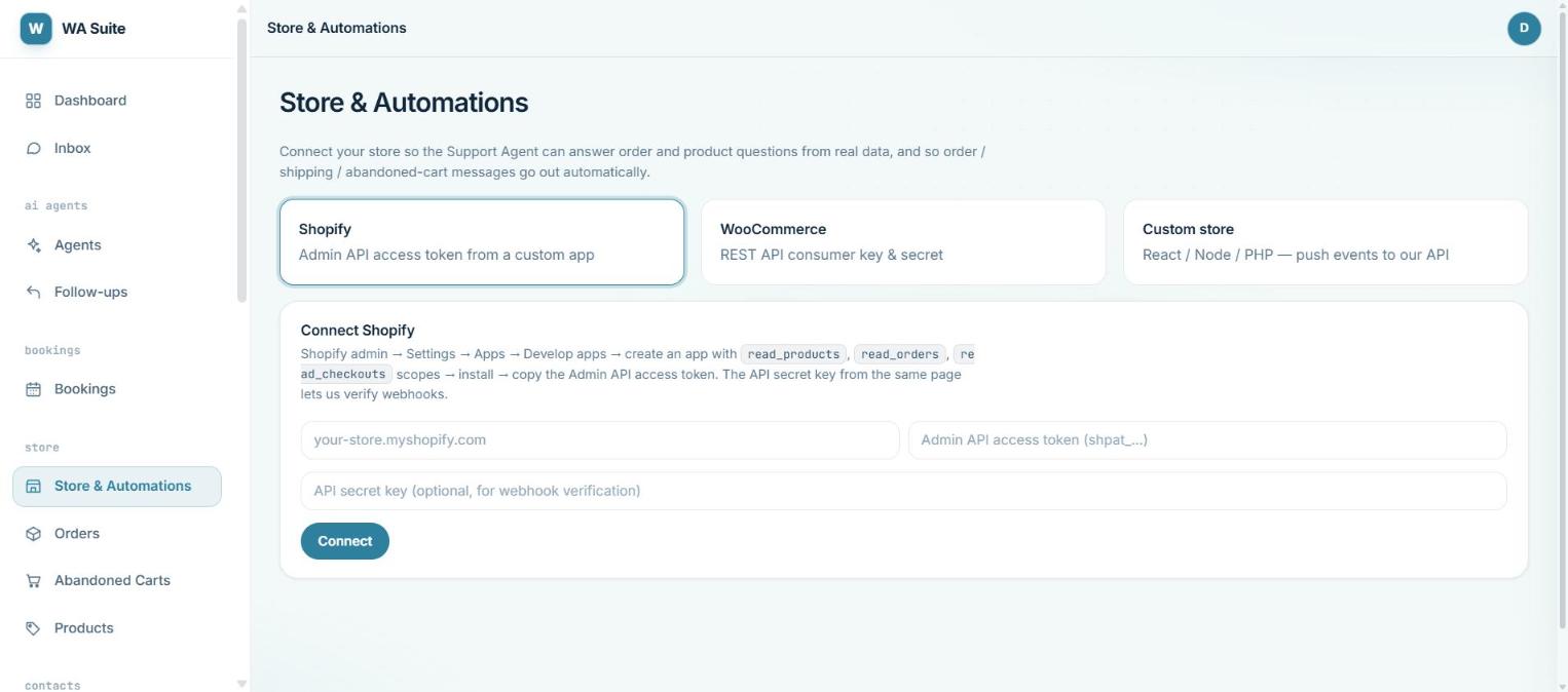 Store and Automations page with the Shopify connection form